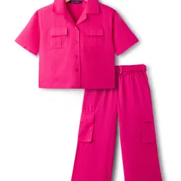 Pine Kids Cotton Sleeves Knit Half Sleeves Solid Color Shirt Style Top and Pant Set with Belt - Dark Pink-picture-25