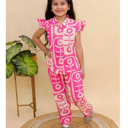 AJ Dezines Cotton Woven Frill Sleeves Floral Printed Top & Coordinating Pant Set - Pink-picture-16