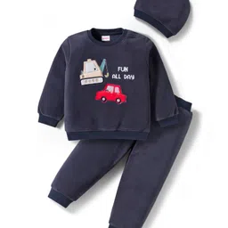 Babyhug Velour Knit Full Sleeves Winter Sweatshirt & Joggers Set With Cap & Vehicle Patch - Navy Blue-picture-21