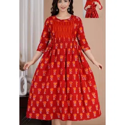 NEVISHA STYLE Cotton Woven Three Fourth Sleeves Floral Printed Maternity Kurta With Nursing Access - Red-picture-29