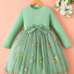 Mark & Mia Full Sleeves Party Dress With Floral Embroidery & Bow Applique - Green-picture-10