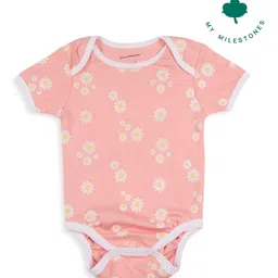 My Milestones 100% Cotton Knit Half Sleeves Floral Printed Onesie - Peach-image-43