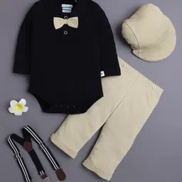 BUMZEE Cotton Knit Full Sleeves Solid Color Onesie & Pant Set With Suspender & Cap - Khaki & Black-picture-23