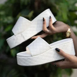 Shoetopia Quilted Platform Wedge Sliders - White-picture-13