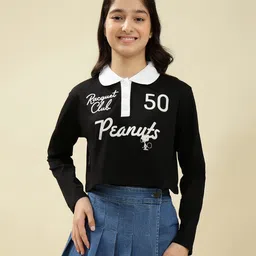 Lil Tomatoes Cotton Knit Full Sleeves Peanuts Featuring Snoopy & Peanuts Text Printed Crop Top - Black-picture-19