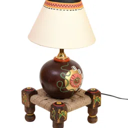 AAKRITI ART CREATIONS Table Lamp Earthen in Brown Color on Jute Wooden Manji Handcrafted with White Shade.-image-24