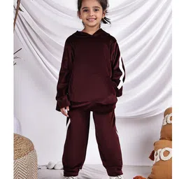 NEUDIS Velvet Knit Full Sleeves Side Taped Hooded Sweatshirt & Joggers Set - Wine-picture-21