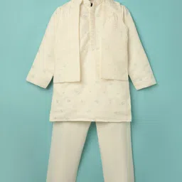 Little Bull Full Sleeves Threadwork Detailed Sequins Embellished Kurta & Pyjama Set With Jacket - Cream-picture-16