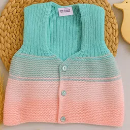 Little Angels Woollen Knit Sleeveless Colour Blocked Sweater - Pink & Green-picture-11