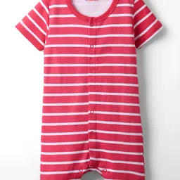 kookie kids india Kookie Kids Interlock Knit Half Sleeves Front Open Striped Rompers with Animal & Birds Print Pack of 2 - Red & Lavender image 2