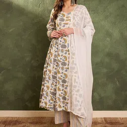 Shae by SASSAFRAS Floral Printed Sweetheart Neck Pure Cotton Kurta With Trousers & Dupatta-image-53