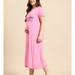 Blush 9 Viscose Spandex Knit Half Sleeves Promoted to Mommy Text Printed Maternity Nighty With Nursing Access - Pink image 4