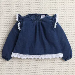Bright Stars KIDSWEAR Denim Woven Full Sleeves Lace Detailed Top & Jeans Set - Blue image 4