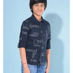 CRIMSOUNE CLUB Full Sleeves The Crossing Line Text Printed Shirt - Navy Blue image 5