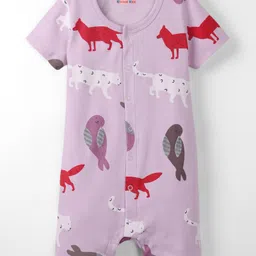 kookie kids india Kookie Kids Interlock Knit Half Sleeves Front Open Striped Rompers with Animal & Birds Print Pack of 2 - Red & Lavender image 4