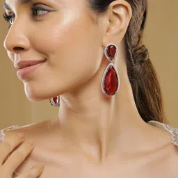 Rubans 18K Gold-Plated Ruby Red & Cubic Zirconia Studded Premium Drop Earrings image 1