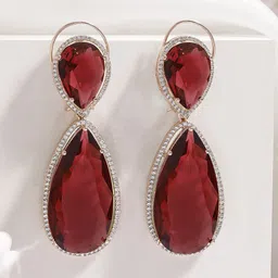 Rubans 18K Gold-Plated Ruby Red & Cubic Zirconia Studded Premium Drop Earrings image 2
