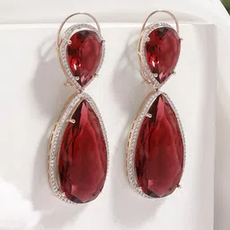 Rubans 18K Gold-Plated Ruby Red & Cubic Zirconia Studded Premium Drop Earrings image 3