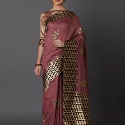 Mitera Mauve & Gold-Coloured Silk Blend Woven Design Kanjeevaram Saree image 1