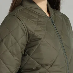 Roadster Women Olive Green Solid Quilted Jacket image 2