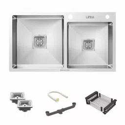 LIPKA 37“x18x10 inch Matte Finish Double Bowl Handmade Kitchen Sink With Tap Hole, HMDB02-304-image-97