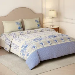 SPACES Swarna Blue Pottery Whisper White Cotton Floral Print Bedsheet with 2 Pillow Covers image 2