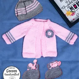 COCOON ORGANICS Full Sleeves Handcrafted Floral Applique Shrug With Stripes Cap And Socks - Pink-picture-10