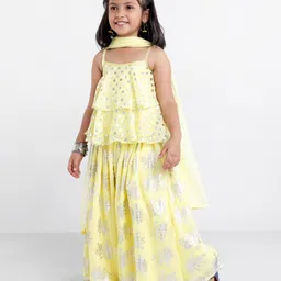 Saka Designs  Singlet Layered Choli & Lehenga With Dupatta Foil Print - Light Yellow image 1