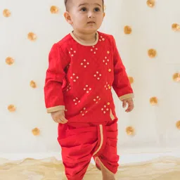 Tiber Taber Full Sleeves Floral Foil Embroidered & Lace Embellished Kurta Dhoti Set - Red-image-23