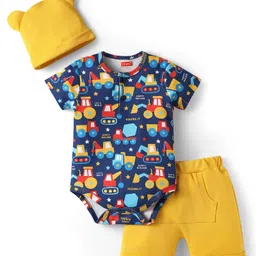 Babyhug 100% Cotton Knit Half Sleeves Vehicle Printed Onesie With Shorts & Cap - Navy Blue & Yellow-image-43