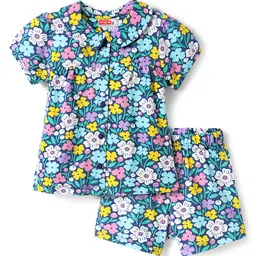 Babyhug Cotton Knit Half Sleeves Peter Pan Collar Shorts Night Suit with Floral Print - Navy Blue-picture-28
