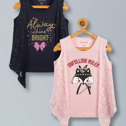 Plum Tree Pure Cotton Pack Of 2 Sleeveless Fox & Always Shine Bright Text Glitter Printed Top With Attached Floral Lace Shrug Top - Pink & Navy Blue-picture-10