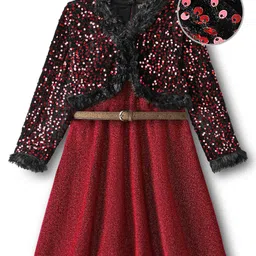 Hola Bonita Knit Full Sleeves Sequinned Jacket With Shimmer Party Dress & Belt - Red-image-54