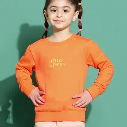 Tales & Stories Cotton Knit Full Sleeves Hello Text Printed Light Winter Sweatshirt - Orange image 1