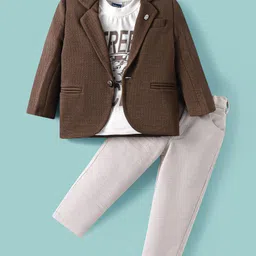 Dapper Dudes Half Sleeves Typography Printed Tee & Pant Set With Blazer - Brown-picture-11