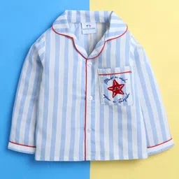 Knitting Doodles Rayon Woven Full Sleeves Striped & Starfish Embroidered On Pocket Night Suit Set - Blue & White image 3