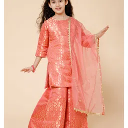 Piccolo Three Fourth Sleeves Floral Foil Printed  Kurta Pallazzo Set With Organza Dupatta - Pink image 4