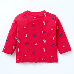 ToffyHouse Interlock Knit Full Sleeves Car Printed T-Shirt & Dungaree with Embroidery - Red image 3