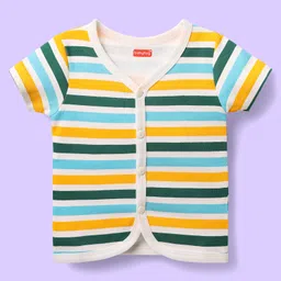 Babyhug 100% Cotton Antibacterial Half Sleeves Front Open Vest With Stripes & Animal Print Pack Of 3 - Yellow & White image 4