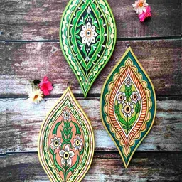 CRAFTOOBA 3Pcs Leaf-Shaped Floral Motif Hand Printed Wooden Wall Plates-picture-28