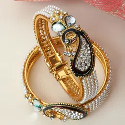 ANIKAS CREATION Set Of 2 Gold-Plated Peacock Pearls & Stone Studded Openabl Cuff Bracelets-picture-39