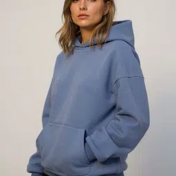 HERE&NOW Women Sea Blue Long Sleeves Polyester Hooded Sweatshirts-image-35