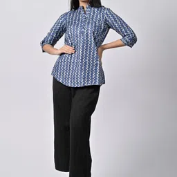 BELLE NOOR Geometric Print Mandarin Collar Cotton Top-picture-15