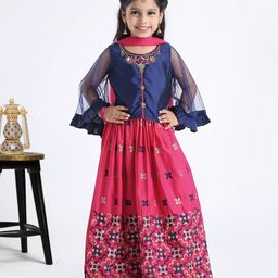 Babyhug Full Sleeves Floral Embroidered Lehenga Set - Navy Blue Pink-image-110