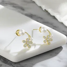 dressberry Korean Studded Flower White Pearl Stud Earrings For Women/Girls Cubic Zirconia Alloy Stud Earring image 5