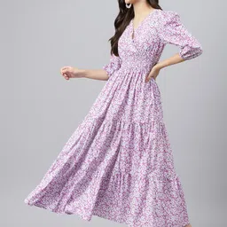 Femvy Women Floral Print Puff Sleeve Crepe Fit & Flare Midi Dress-picture-14