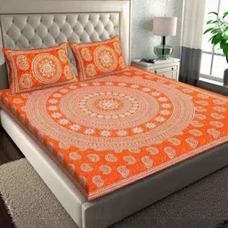 KD PRINTS Orange & White Floral 180 TC King Bedsheet with 2 Pillow Covers-image-53