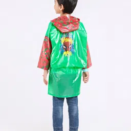 Babyhug Full Sleeves Hooded Raincoat With School Bag Provision Spider Man Print - Green Red image 3