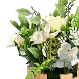 Cortina White And Green Rose Artificial Flower With Wooden Pot image 3