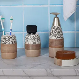AARVI DECOR STUDIO Beige & White 4 piece Abstract Ceramic Bathroom Accessories-picture-17